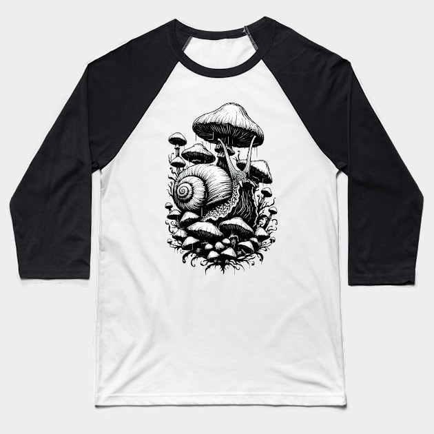 Monochromatic Snail Overgrown Mushrooms Garden Baseball T-Shirt by TomFrontierArt